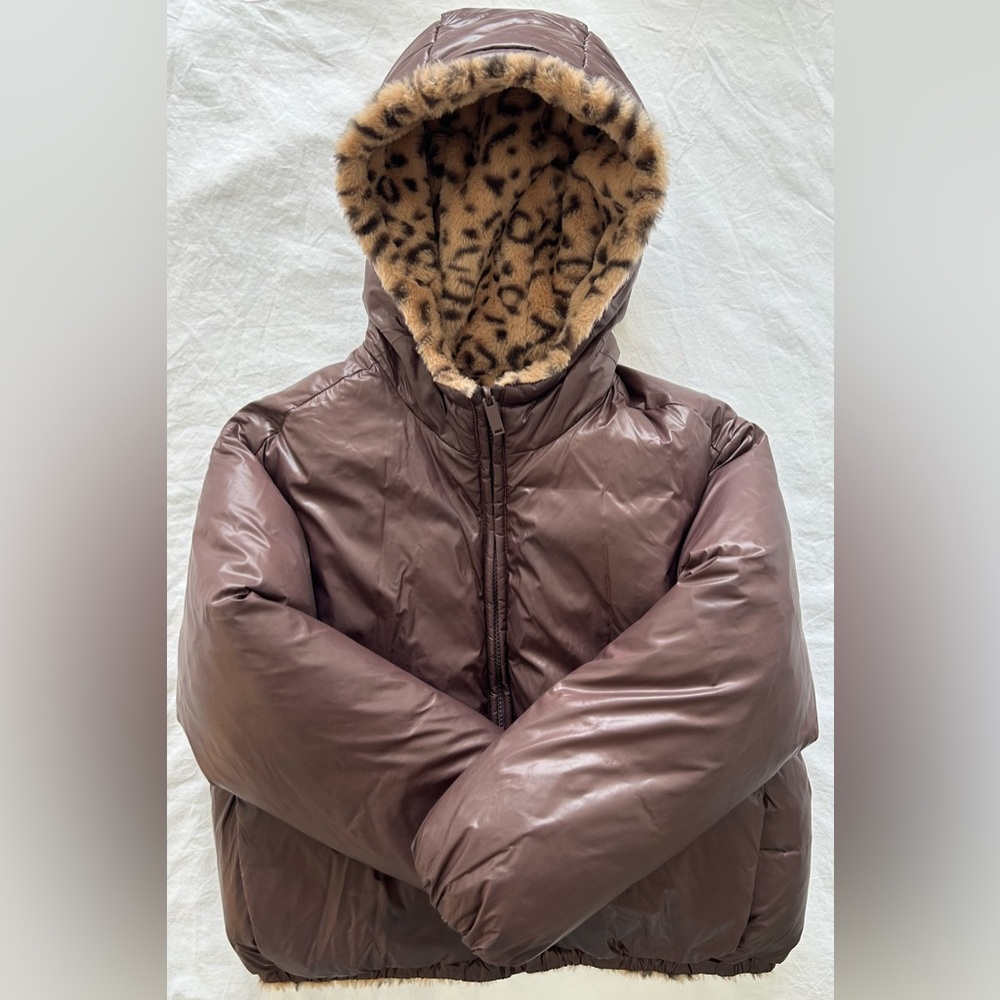 Zara girls reversible brown and faux fur puffer coat